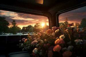 Beautiful flowers in a car at sunset. Concept of funeral. AI generated photo