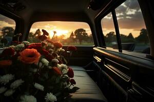 Beautiful flowers in a car at sunset. Concept of funeral. AI generated photo