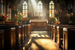 Interior of a church with a lot of flowers in the foreground.Funeral concept AI generated photo