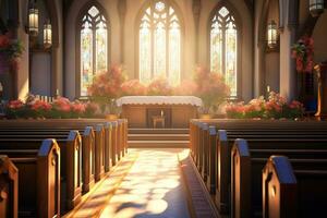 Interior of a church with a lot of flowers in the foreground.Funeral concept AI generated photo