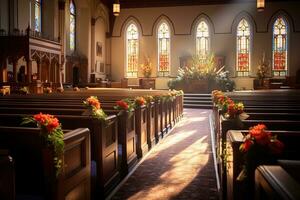 Interior of a church with a lot of flowers in the foreground.Funeral concept AI generated photo