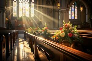 Interior of a church with a lot of flowers in the foreground.Funeral concept AI generated photo