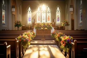 Interior of a church with a lot of flowers in the foreground.Funeral concept AI generated photo