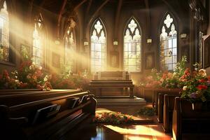 Interior of a church with a lot of flowers in the foreground.Funeral concept AI generated photo