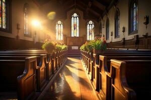 Interior of a church with a lot of flowers in the foreground.Funeral concept AI generated photo