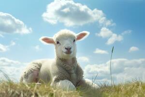 Cute lamb on green grass under blue sky with white clouds. AI generated photo