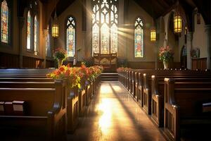 Interior of a church with a lot of flowers in the foreground.Funeral concept AI generated photo