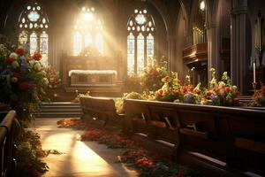 Interior of a church with a lot of flowers in the foreground.Funeral concept AI generated photo