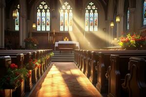 interior de un Iglesia con un lote de flores en el primer plano.funeral concepto ai generado foto