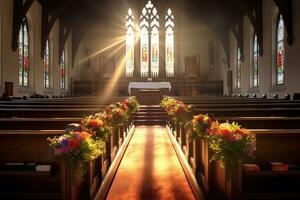 Interior of a church with a lot of flowers in the foreground.Funeral concept AI generated photo