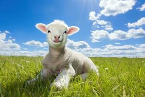 Cute lamb on green grass under blue sky with white clouds. AI generated photo