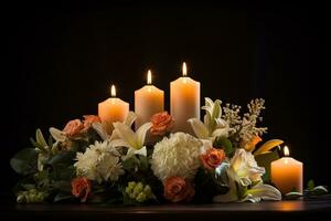 hermosa flores y velas en negro fondo.funeral concepto ai generado foto