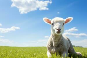 Cute lamb on green grass under blue sky with white clouds. AI generated photo