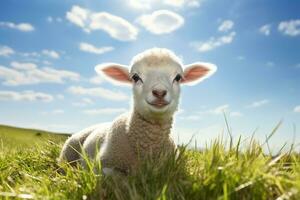 Cute lamb on green grass under blue sky with white clouds. AI generated photo