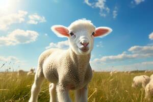 Cute lamb on green grass under blue sky with white clouds. AI generated photo