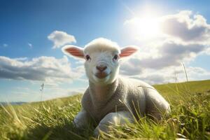 Cute lamb on green grass under blue sky with white clouds. AI generated photo