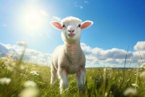 Cute lamb on green grass under blue sky with white clouds. AI generated photo