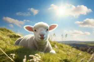 Cute lamb on green grass under blue sky with white clouds. AI generated photo