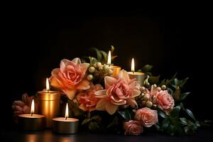 Beautiful flowers and candles on black background.Funeral Concept AI generated photo