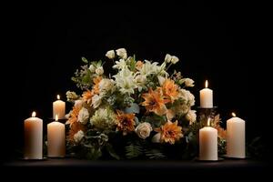 Beautiful flowers and candles on black background.Funeral Concept AI generated photo