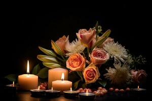 Beautiful flowers and candles on black background.Funeral Concept AI generated photo