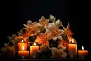 Beautiful flowers and candles on black background.Funeral Concept AI generated photo