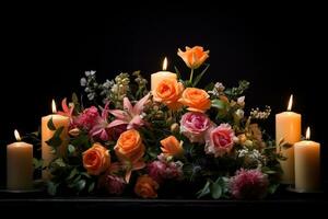 hermosa flores y velas en negro fondo.funeral concepto ai generado foto