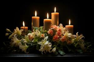 Beautiful flowers and candles on black background.Funeral Concept AI generated photo