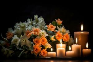 Beautiful flowers and candles on black background.Funeral Concept AI generated photo