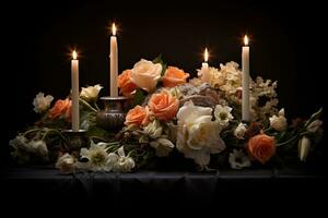Beautiful flowers and candles on black background.Funeral Concept AI generated photo