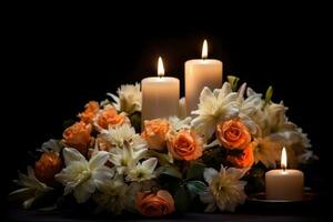 hermosa flores y velas en negro fondo.funeral concepto ai generado foto