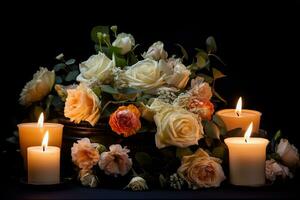 Beautiful flowers and candles on black background.Funeral Concept AI generated photo