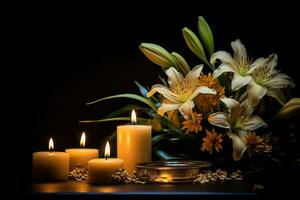 Beautiful flowers and candles on black background.Funeral Concept AI generated photo