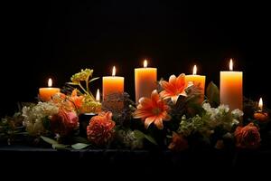 Beautiful flowers and candles on black background.Funeral Concept AI generated photo