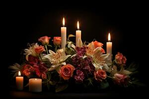 Beautiful flowers and candles on black background.Funeral Concept AI generated photo