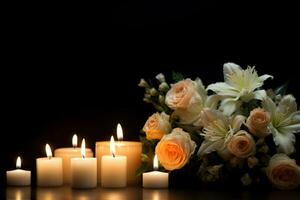 hermosa flores y velas en negro fondo.funeral concepto ai generado foto