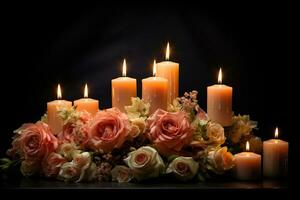 Beautiful flowers and candles on black background.Funeral Concept AI generated photo