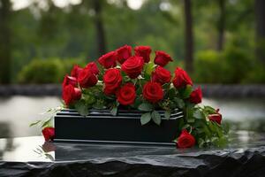 Red roses on black granite tombstone in the park, funeral concept AI generated photo