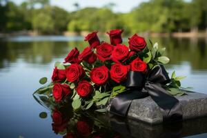 Red roses on black granite tombstone in the park, funeral concept AI generated photo