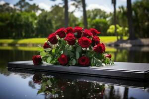 Red roses on black granite tombstone in the park, funeral concept AI generated photo