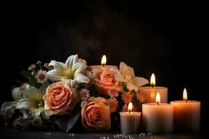 Beautiful flowers and candles on black background.Funeral Concept AI generated photo