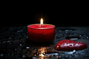 Red heart shaped candle on black background. Valentine's day concept. AI generated photo