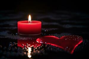 Red heart shaped candle on black background. Valentine's day concept. AI generated photo