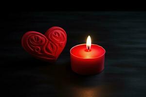 Red heart shaped candle on black background. Valentine's day concept. AI generated photo