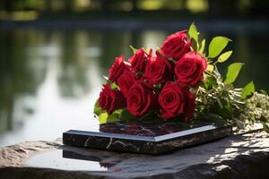 Red roses on black granite tombstone in the park, funeral concept AI generated photo