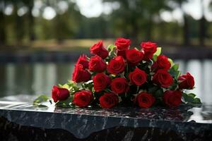 rojo rosas en negro granito lápida sepulcral en el parque, funeral concepto ai generado foto