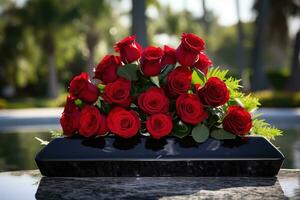 Red roses on black granite tombstone in the park, funeral concept AI generated photo