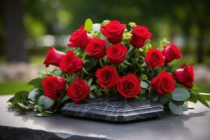 Red roses on black granite tombstone in the park, funeral concept AI generated photo