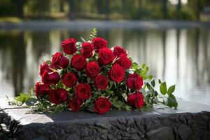 Red roses on black granite tombstone in the park, funeral concept AI generated photo