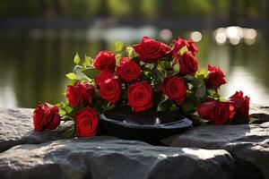 Red roses on black granite tombstone in the park, funeral concept AI generated photo